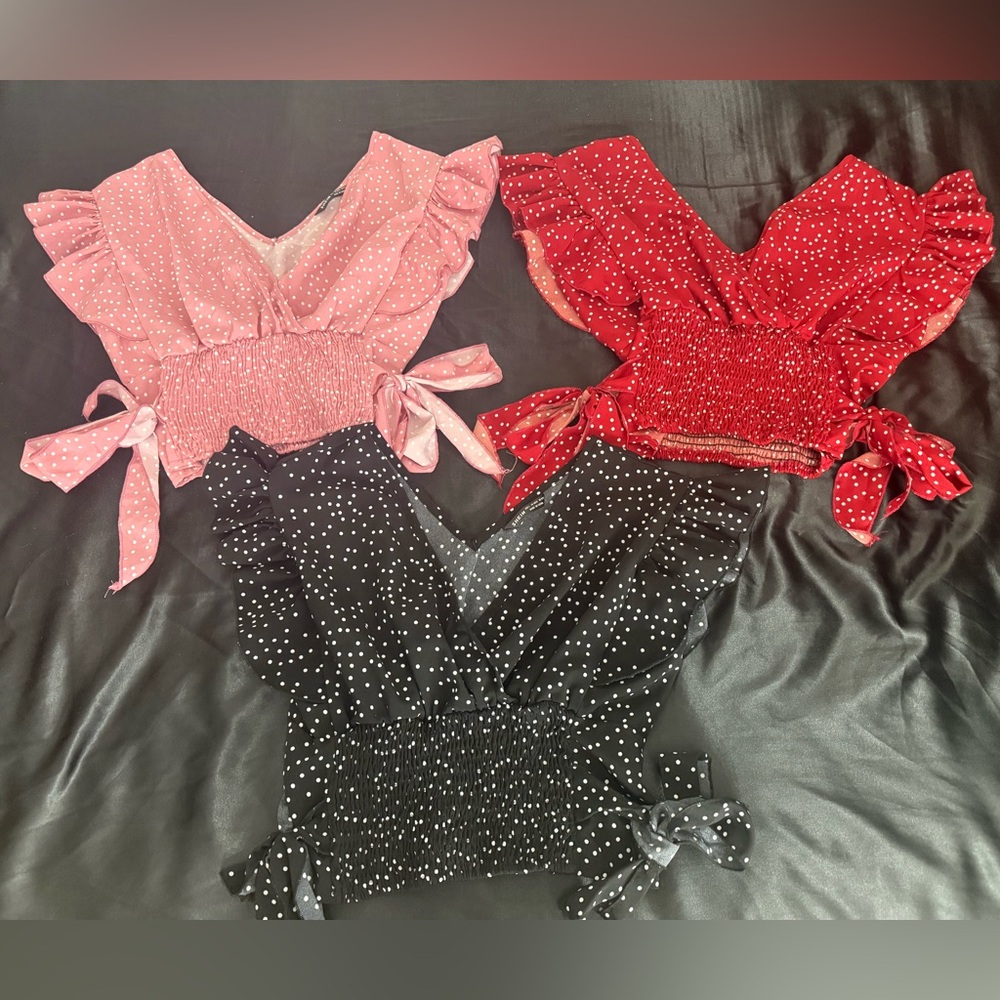 SHEIN Ruffle Sleeve Blouses - Red, Pink, Black